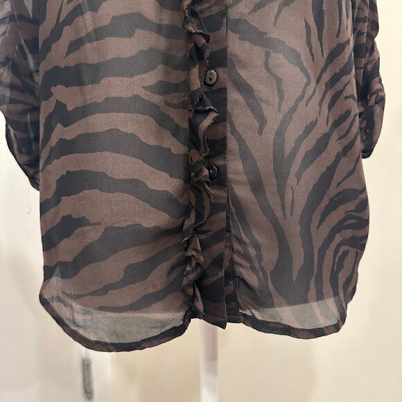 ba&sh Sisco Animal Print Ruffle Sheer Blouse Brown Black Naturel Career Sz Small - Picture 7 of 12